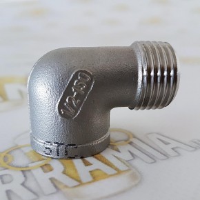 Raccordo inox a gomito 1/2 pollice - femmina/maschio